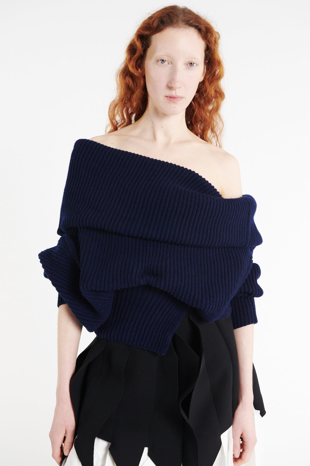 Off Shoulder Ribbed Sweater Navy