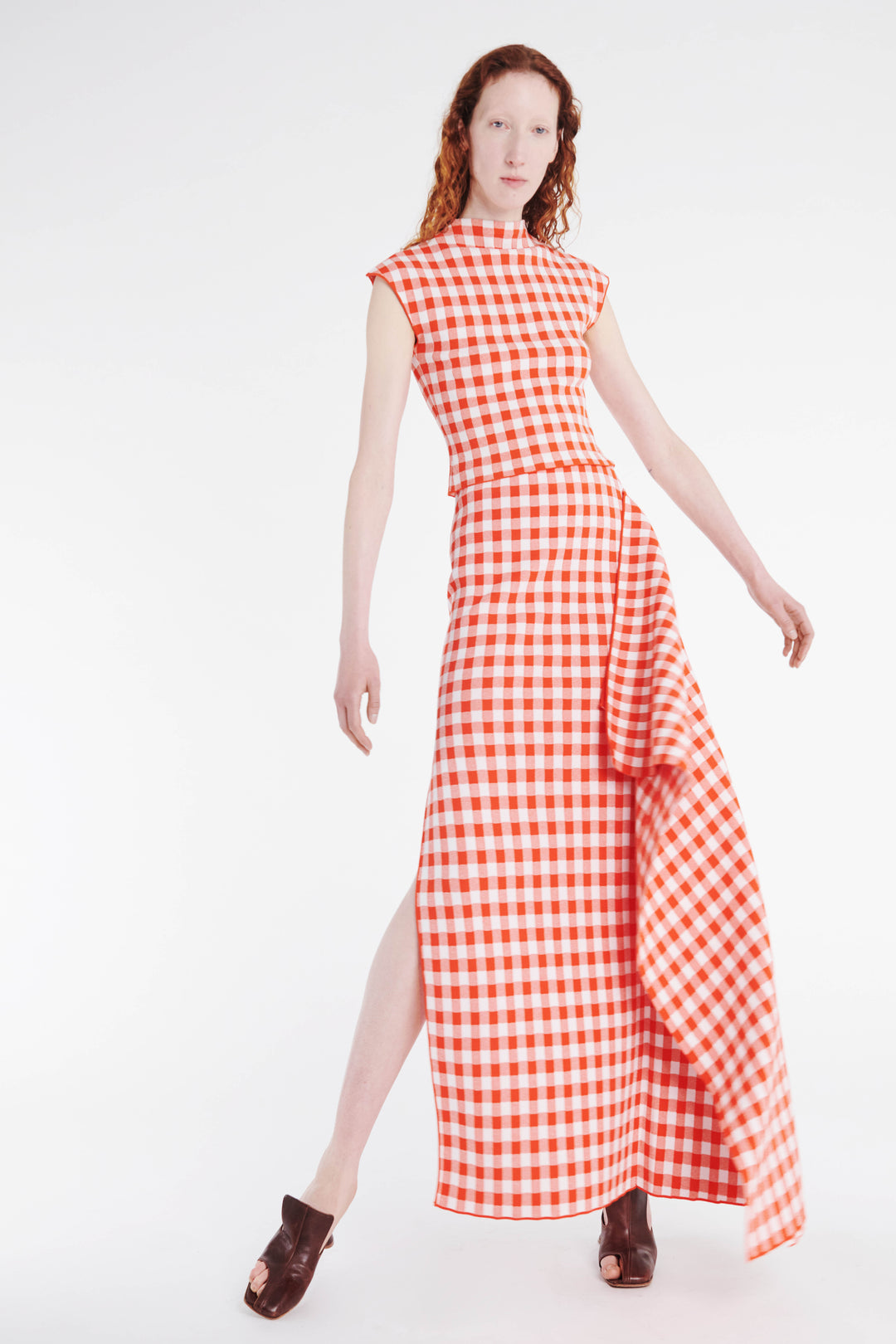 Knitted Sleeveless Top Red White Gingham