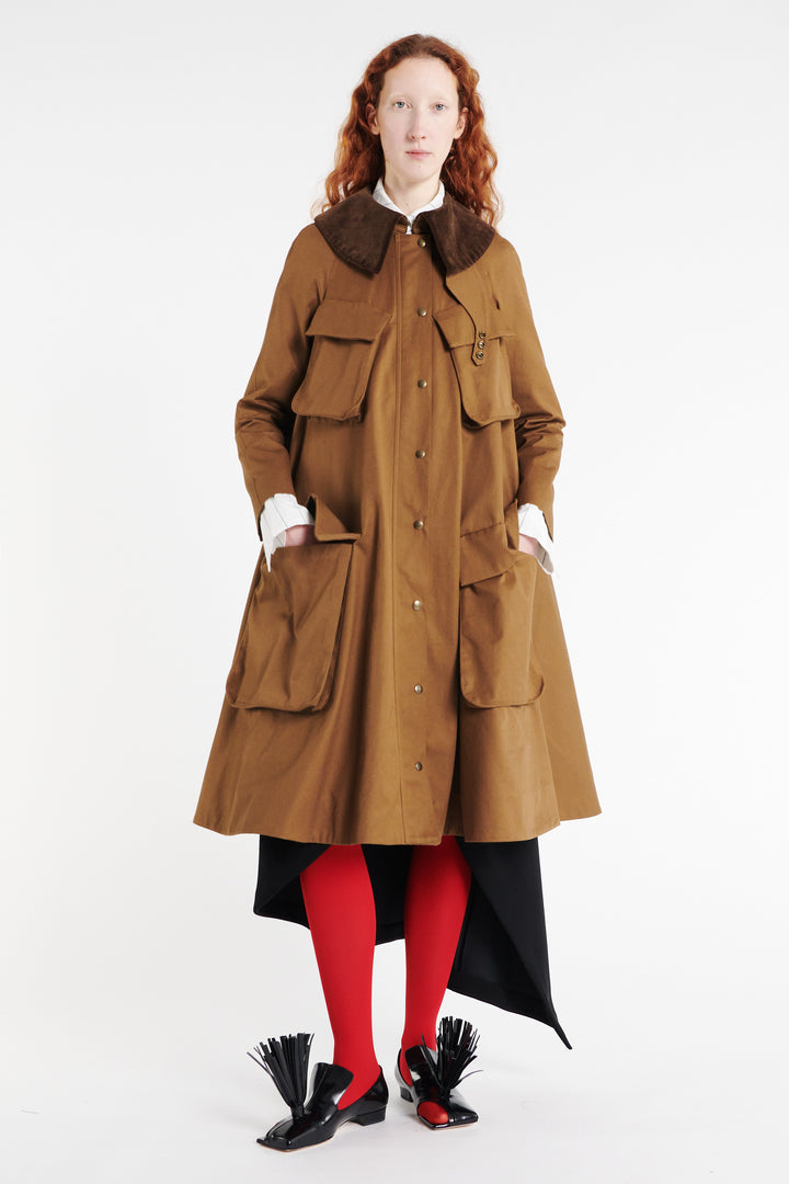 Long Flared Trench With Pockets Khaki Brown