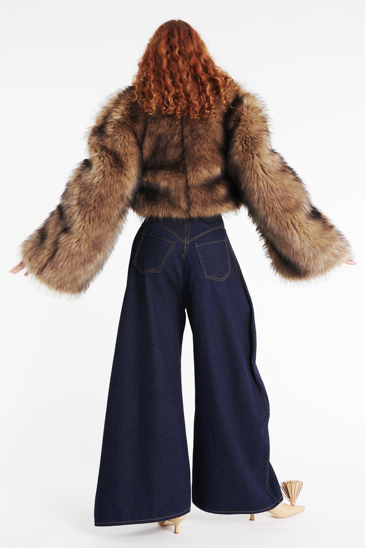 Rounded Sleeve Cropped Faux Fur Jacket Brown