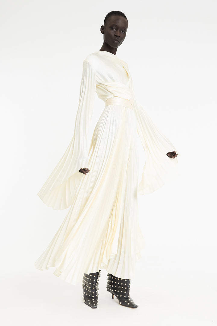 Wrap Around Maxi Dress With Pleated Skirt And Sleeves Ivory