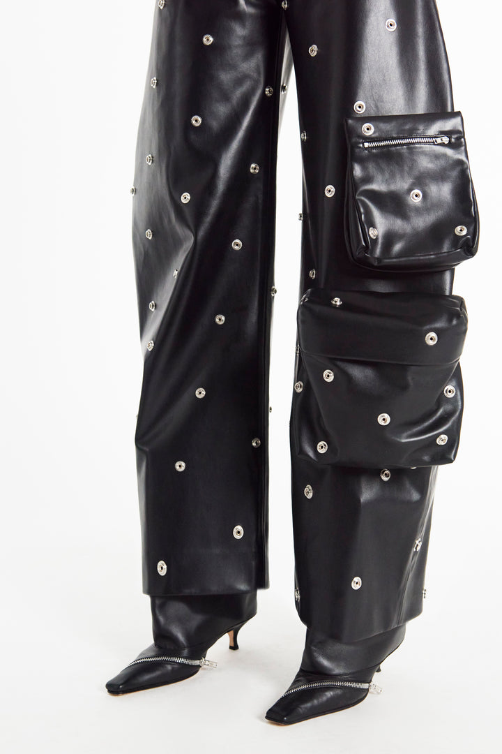 Faux Leather Stud Trouser With Snap-On Pockets Black