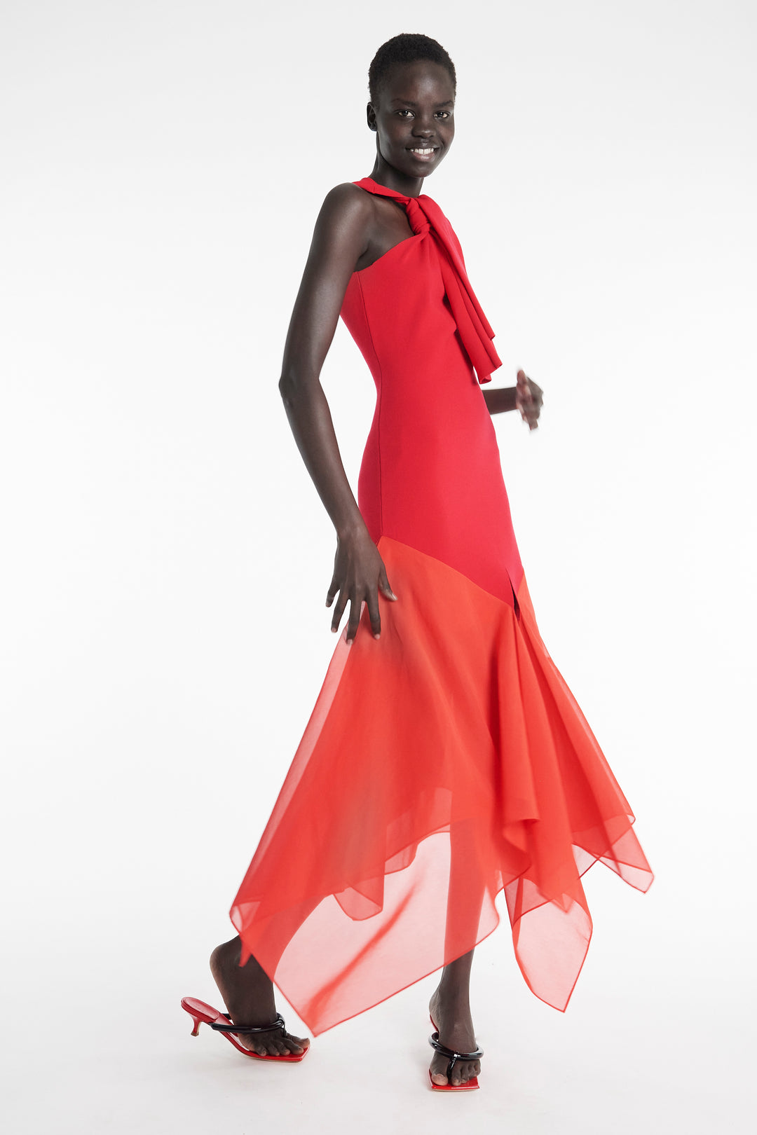 Knit Dress With Organza Inserts Red