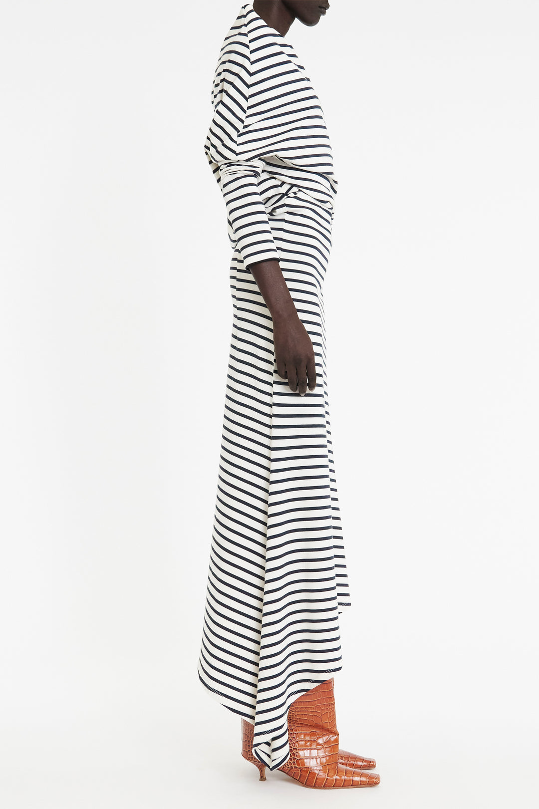 Off Shoulder Asymmetric Dress White Navy Stripe