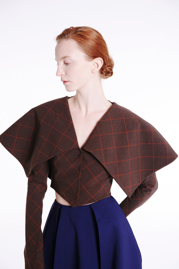 Cropped Jacket With Collar Brown Check