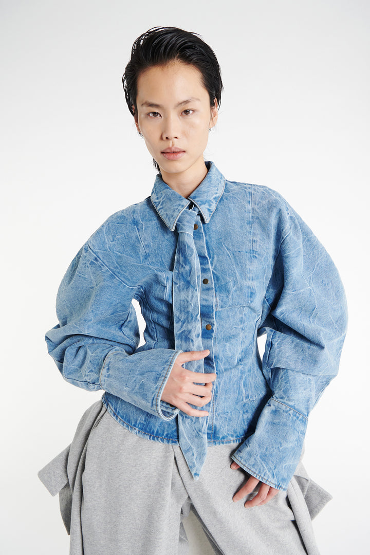 Acid Wash Denim Puff Sleeve Shirt Indigo Acid Wash