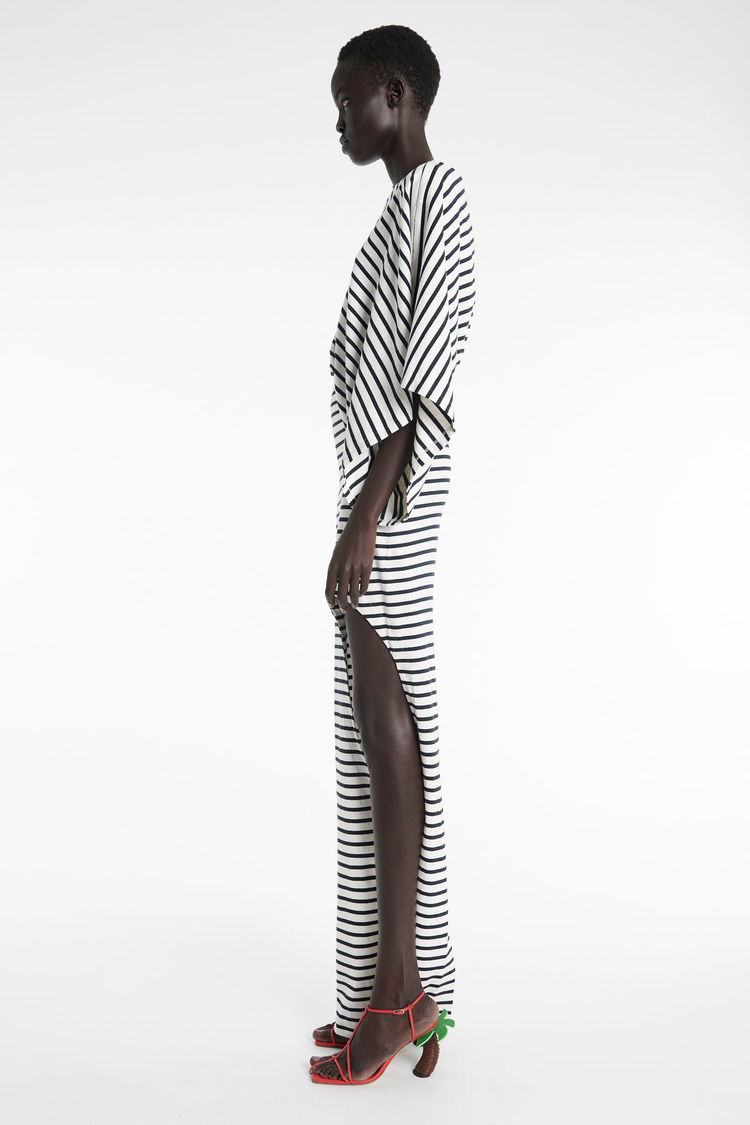 Asymmetric Maxi Dress With Cut Out Navy Ecru Stripe