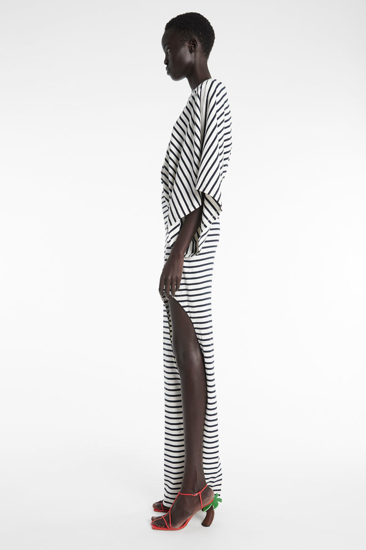 Asymmetric Maxi Dress With Cut Out Navy Ecru Stripe