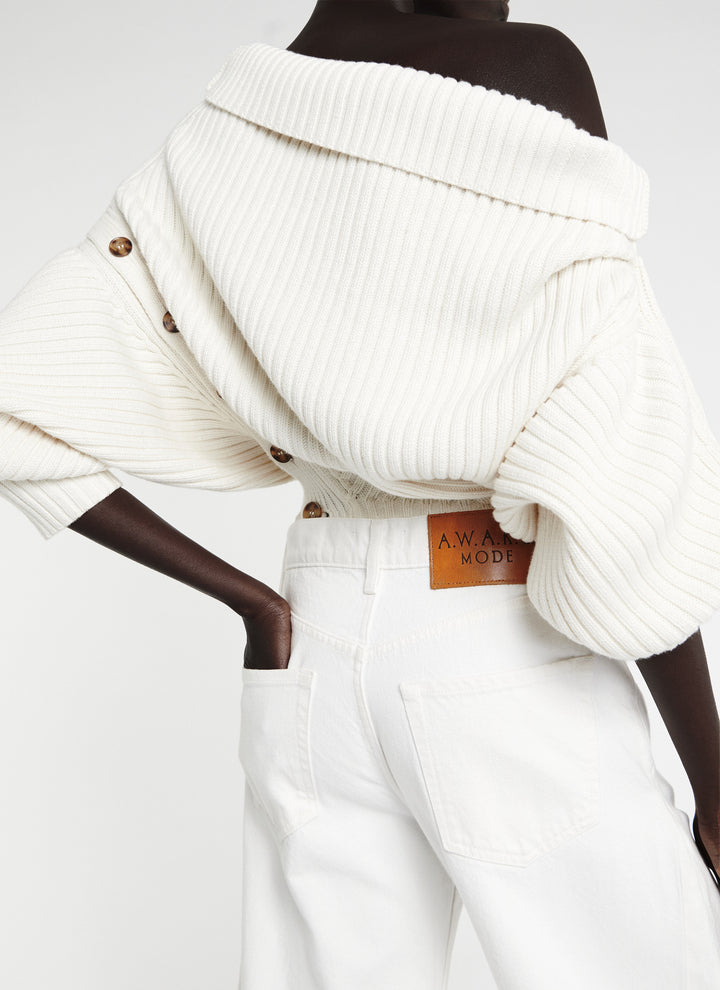 Heavy Rib Sweater With Buttons Ivory