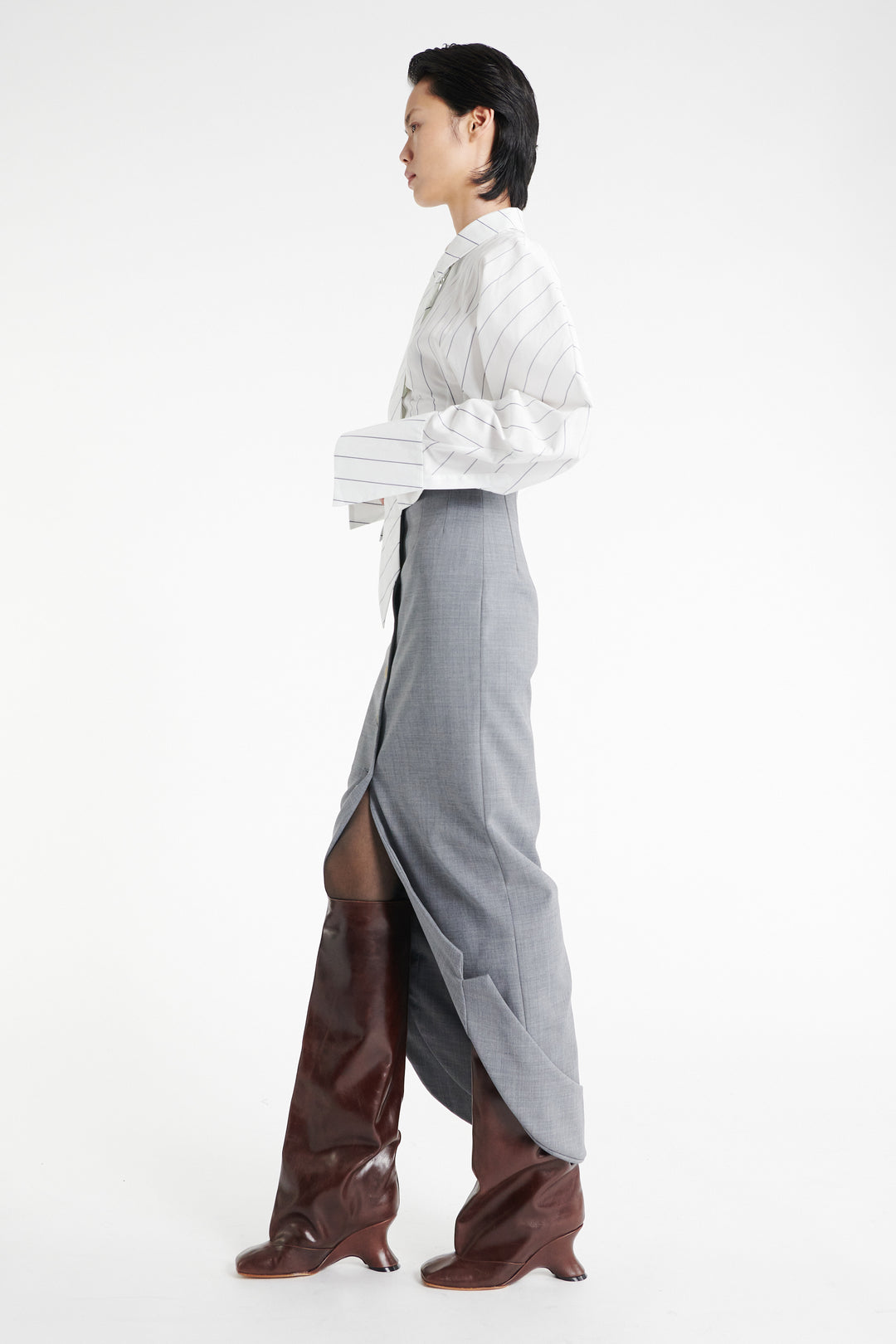 Tailored Skirt With Jacket Collar At Hem Grey Melange