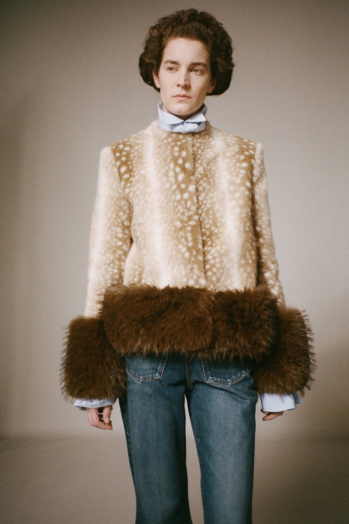 Faux Fur Cropped Jacket Beige Brown