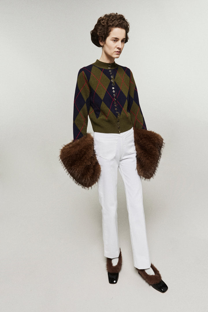 Knitted Cardigan With Faux Fur Cuffs Navy Green Red Argyle Brown