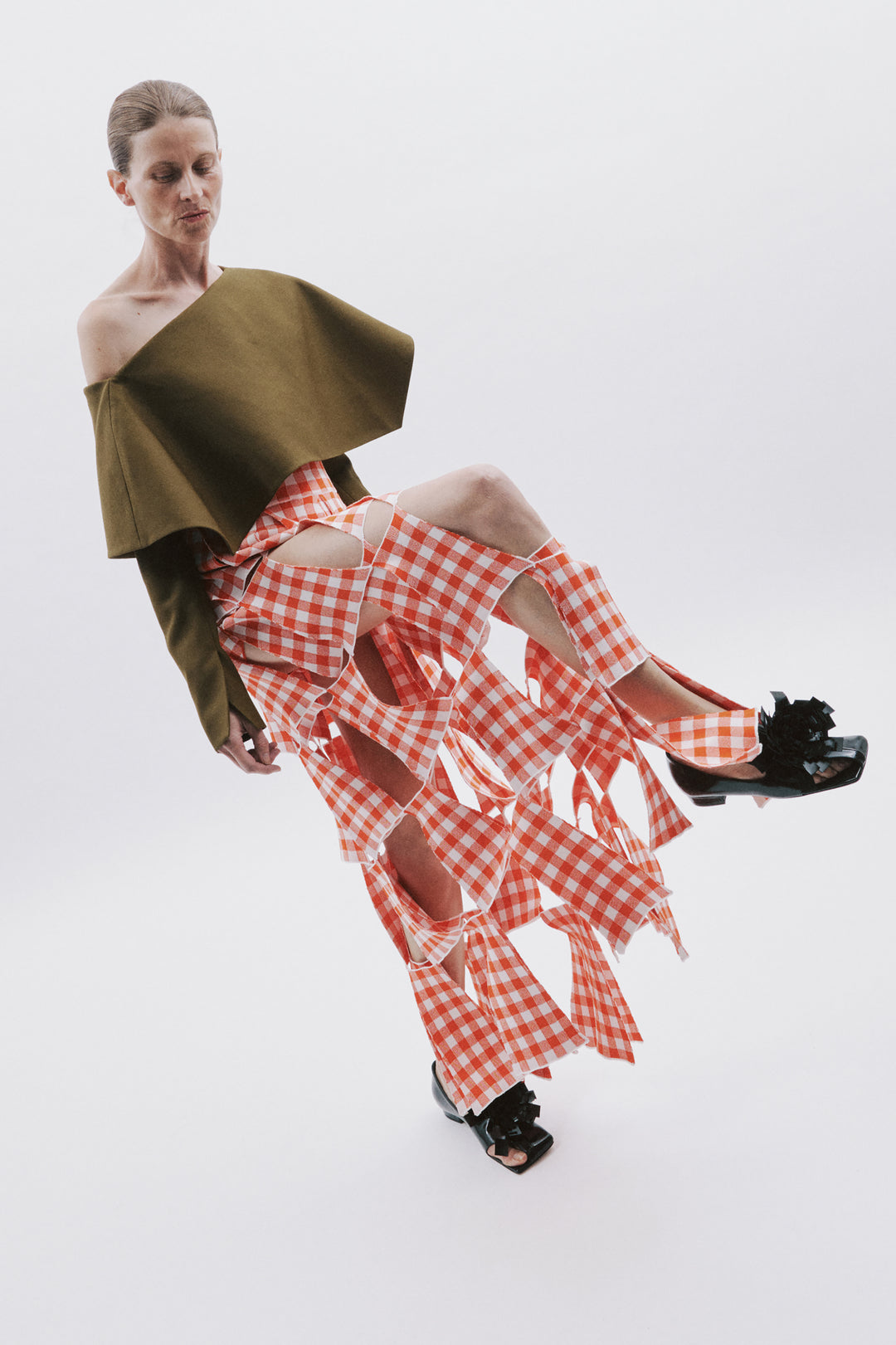 Knitted Multi Trapeze Skirt Red White Gingham