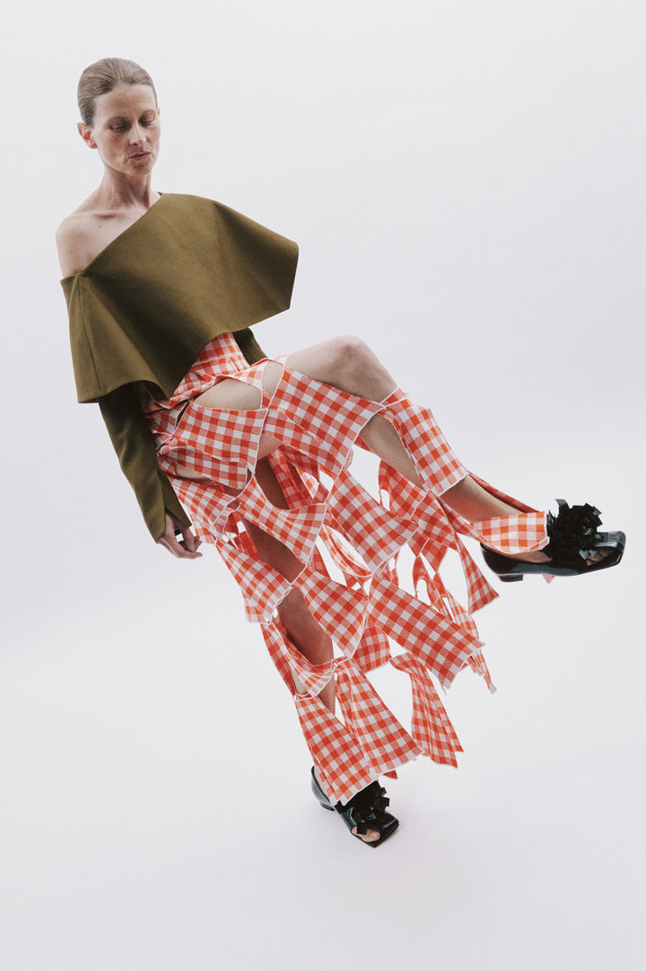 Knitted Multi Trapeze Skirt Red White Gingham
