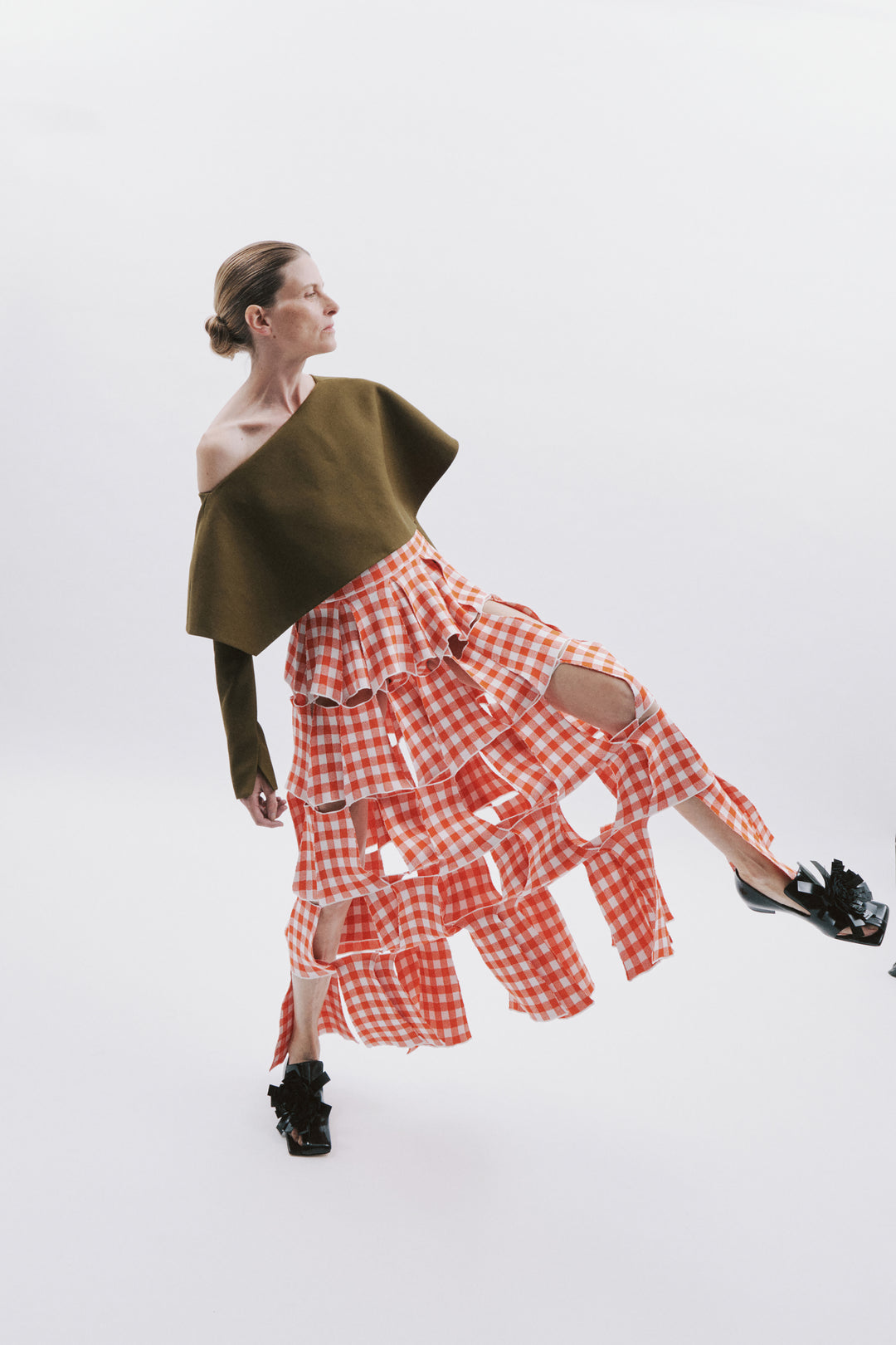 Knitted Multi Trapeze Skirt Red White Gingham