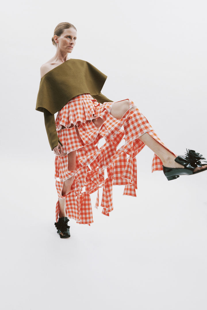 Knitted Multi Trapeze Skirt Red White Gingham