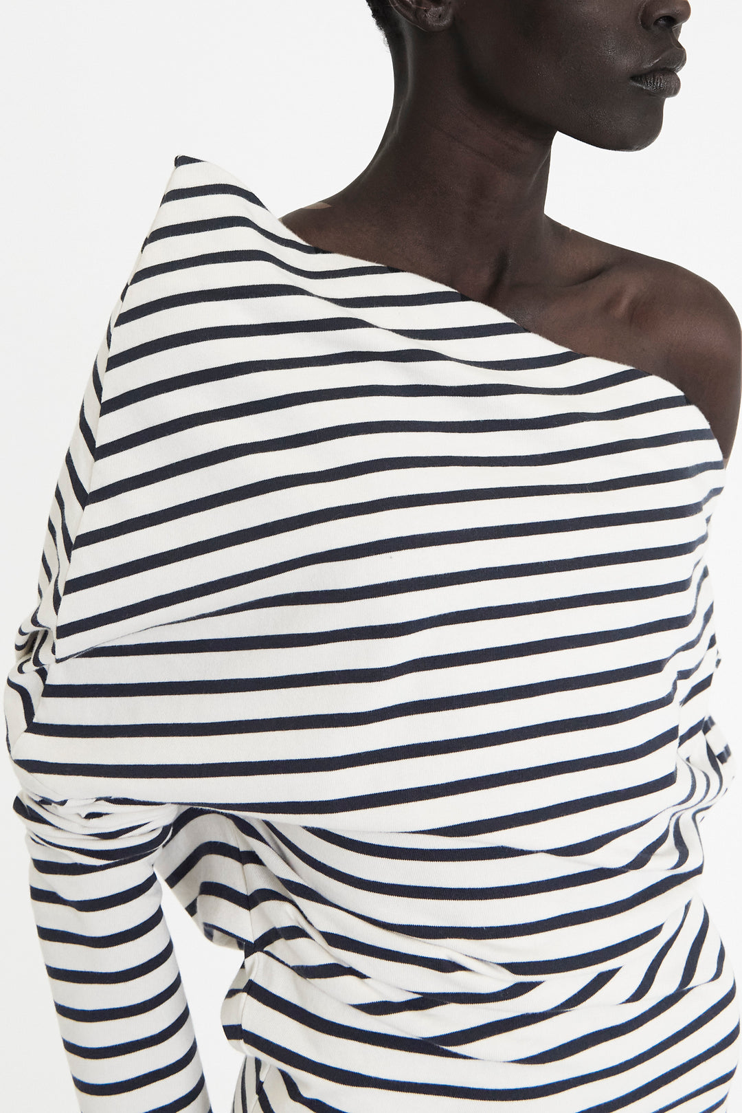 Off Shoulder Asymmetric Dress White Navy Stripe