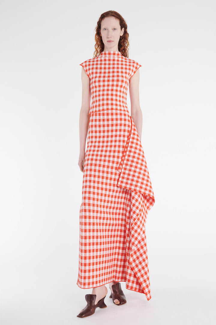 Knitted Fitted Maxi Skirt With Side Panel Red White Gingham