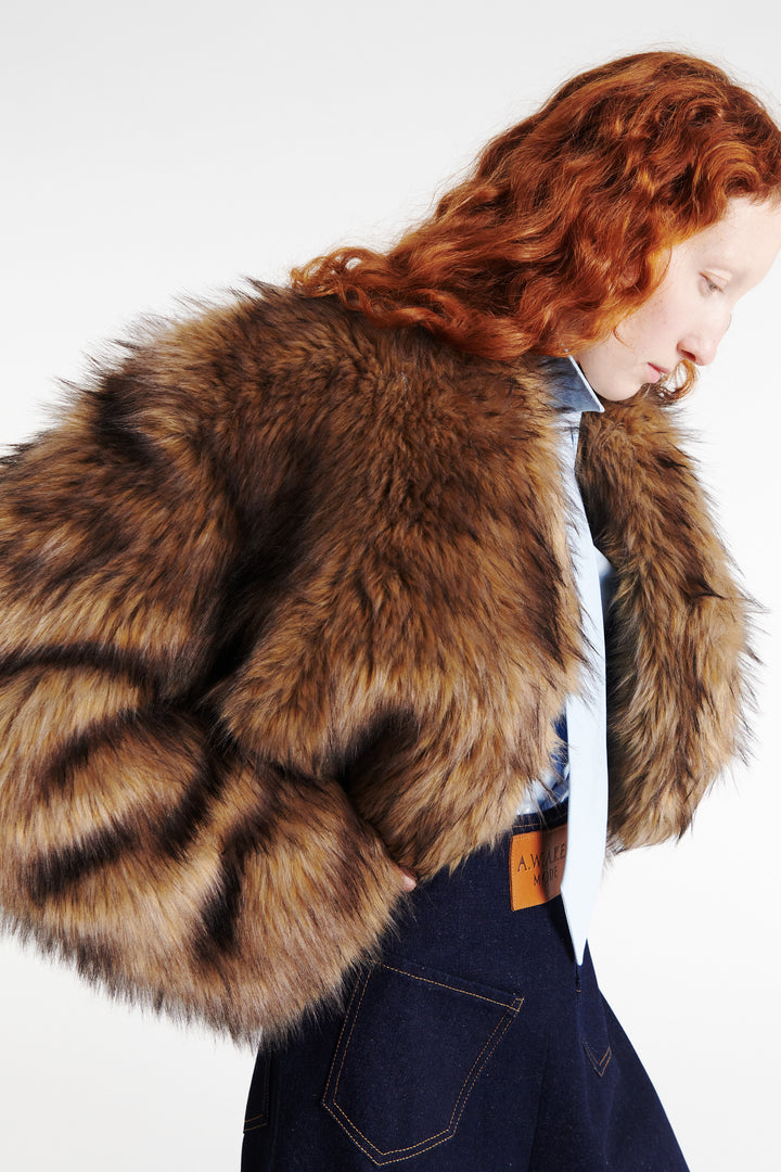 Rounded Sleeve Cropped Faux Fur Jacket Brown