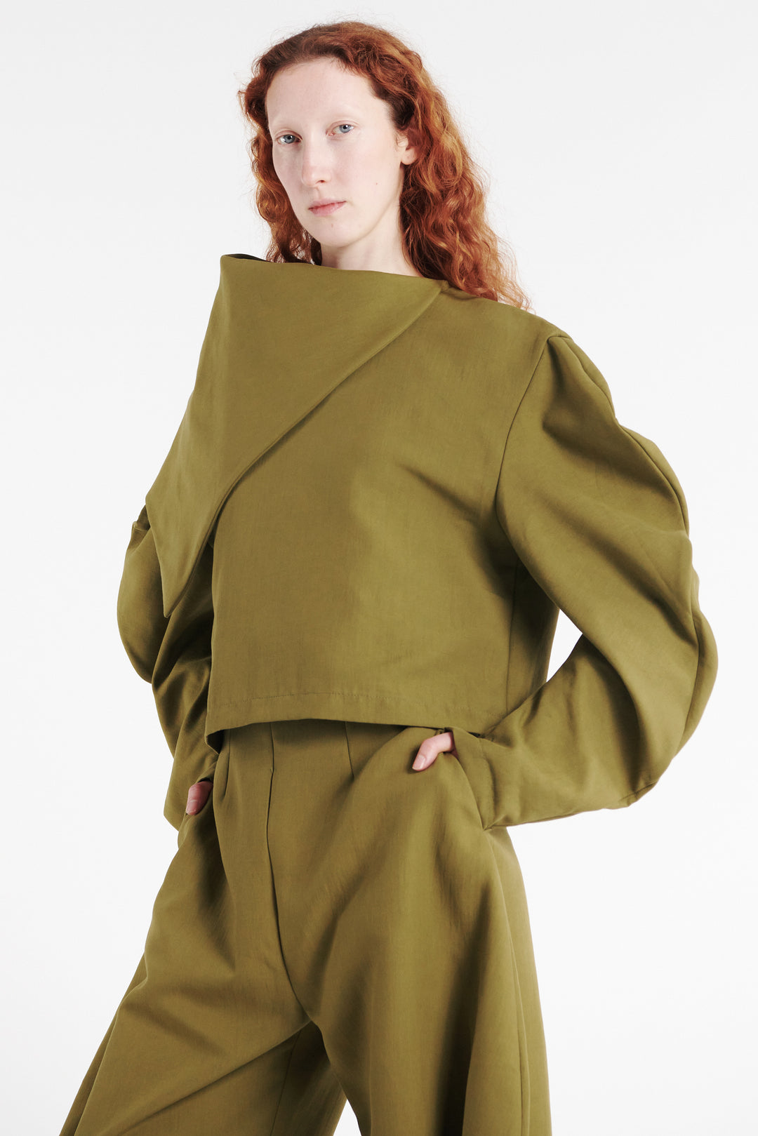 Draped Collar Top Khaki Green