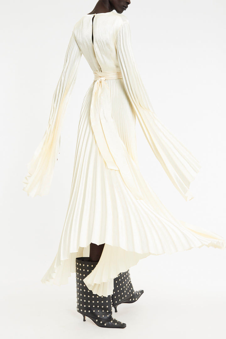 Wrap Around Maxi Dress With Pleated Skirt And Sleeves Ivory