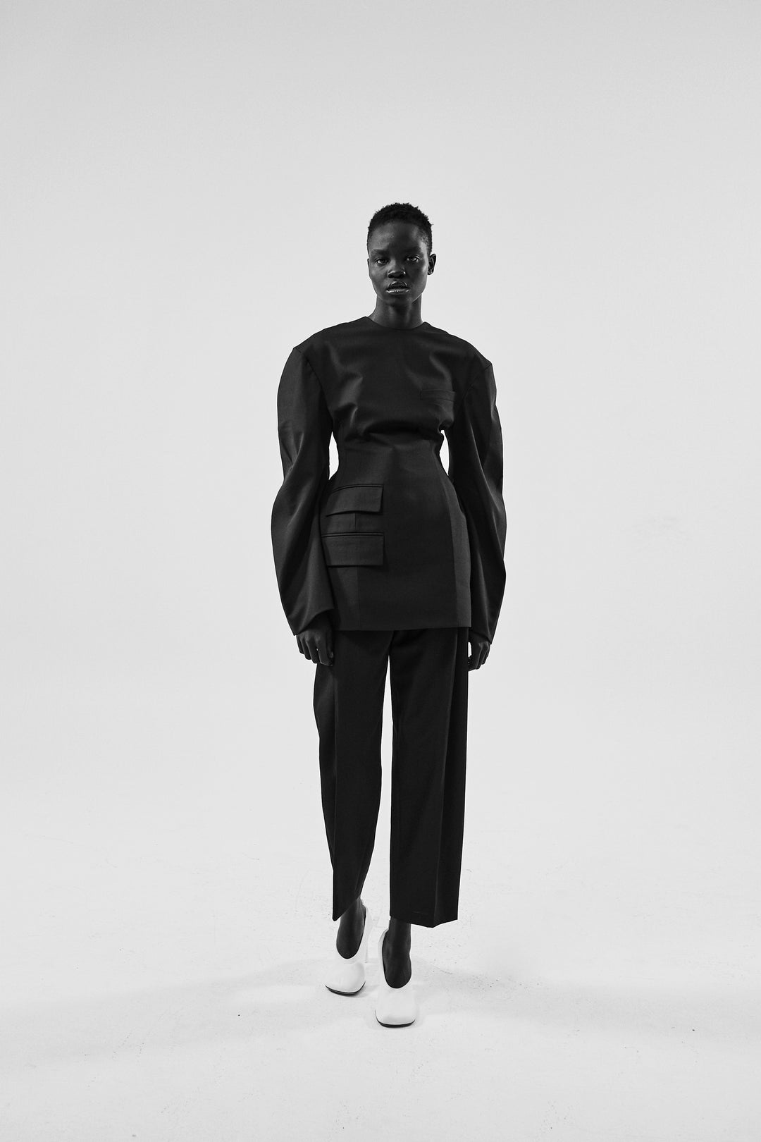 Rounded Sleeve Tailored Mini Dress Black