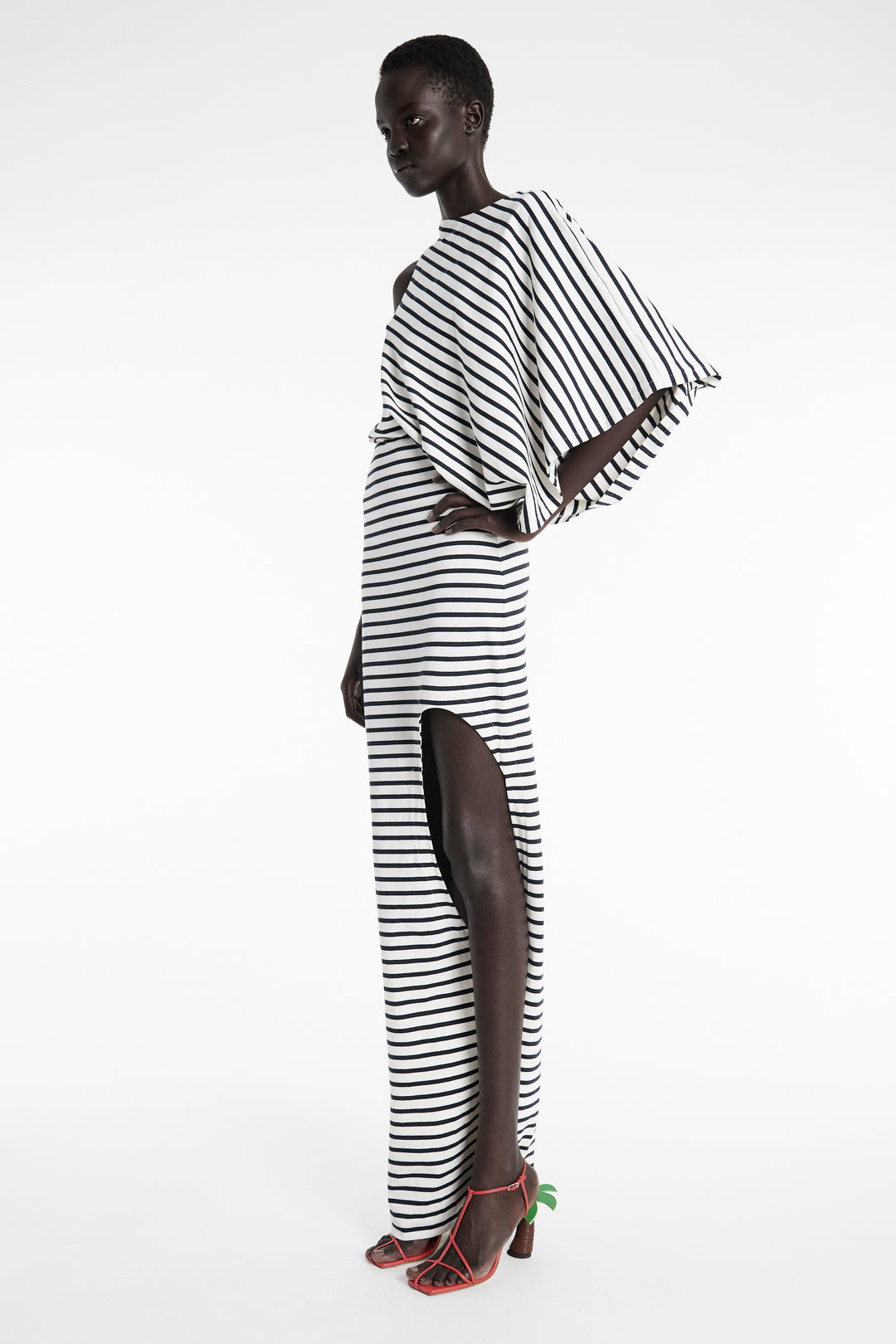 Asymmetric Maxi Dress With Cut Out Navy Ecru Stripe