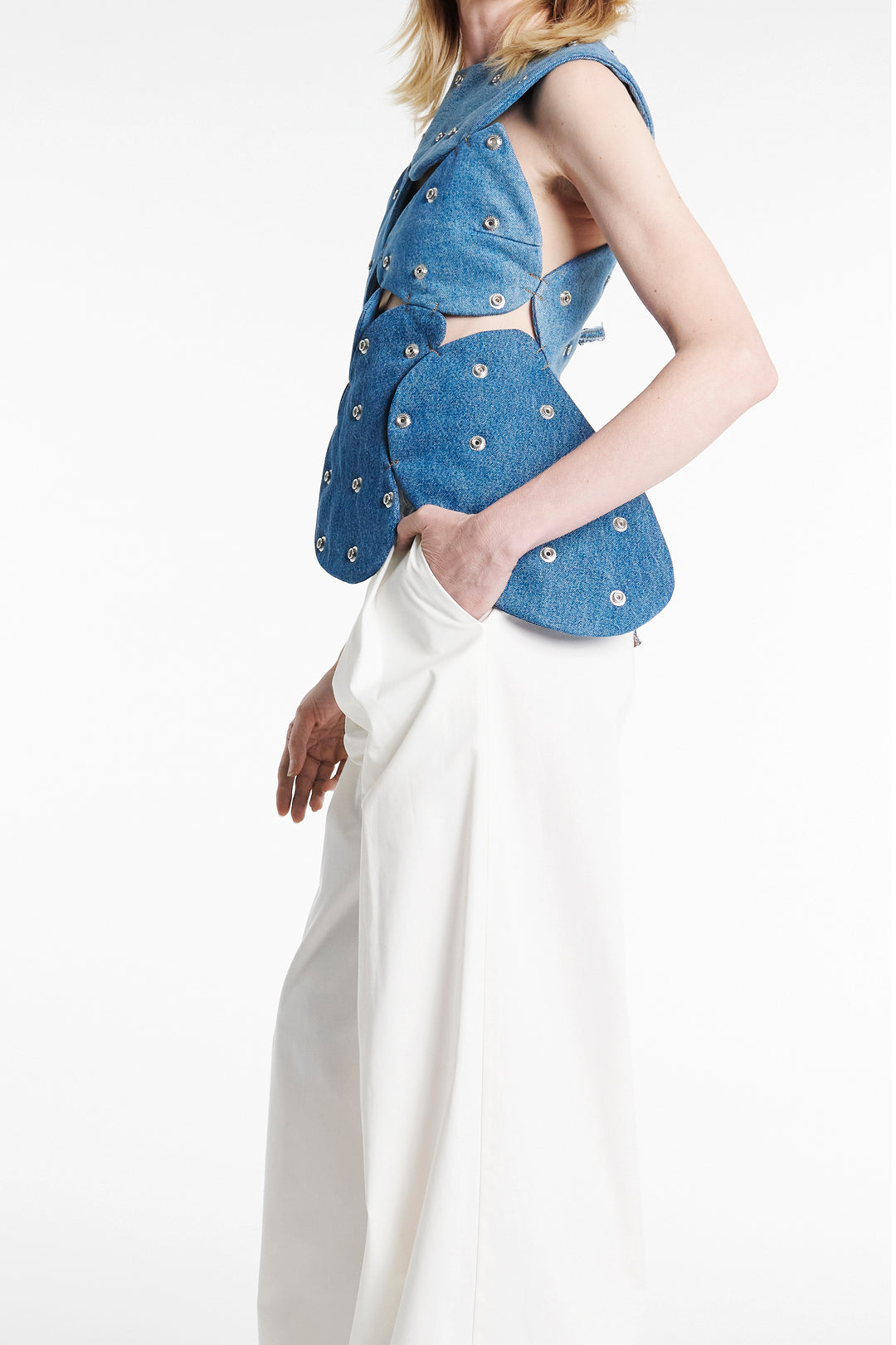 Studded Upcycled Denim Island Top Blue Denim