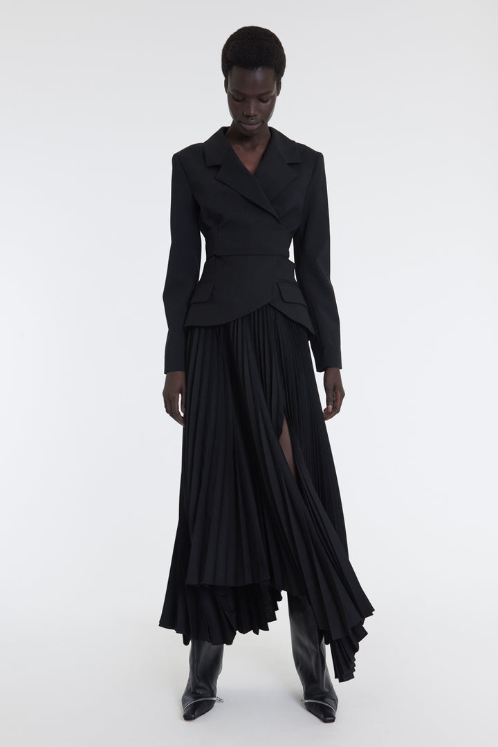 Maxi Pleated Asymmetric Skirt With Basque Detail Black