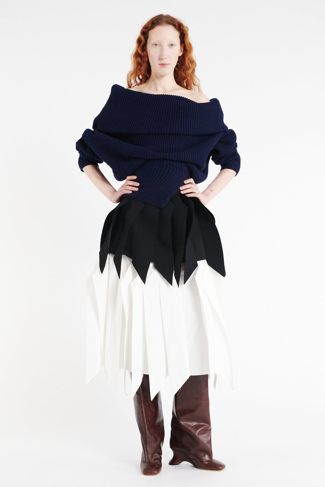 Off Shoulder Ribbed Sweater Navy