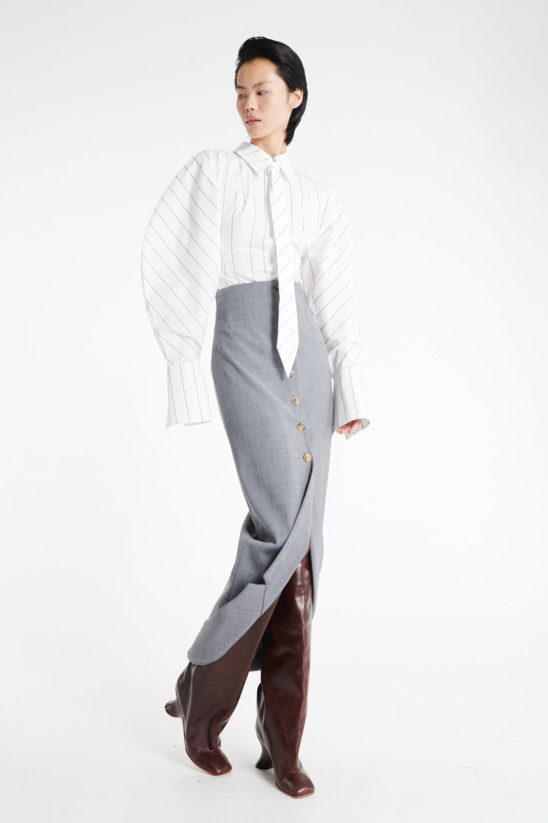 Tailored Skirt With Jacket Collar At Hem Grey Melange