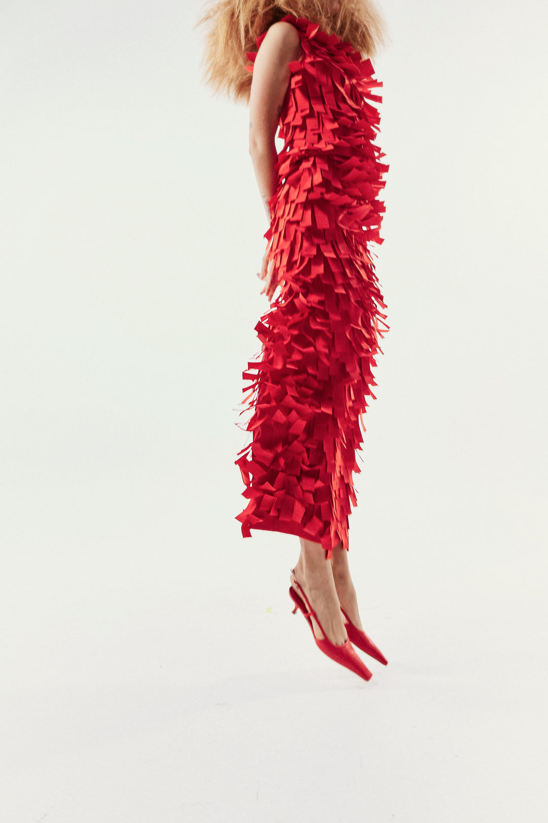 Multi Rectangle Round Neck Midi Dress Red