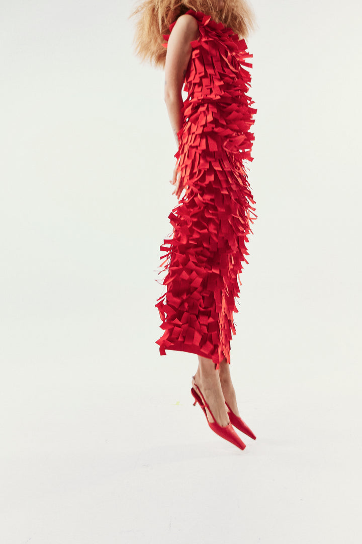 Multi Rectangle Round Neck Midi Dress Red