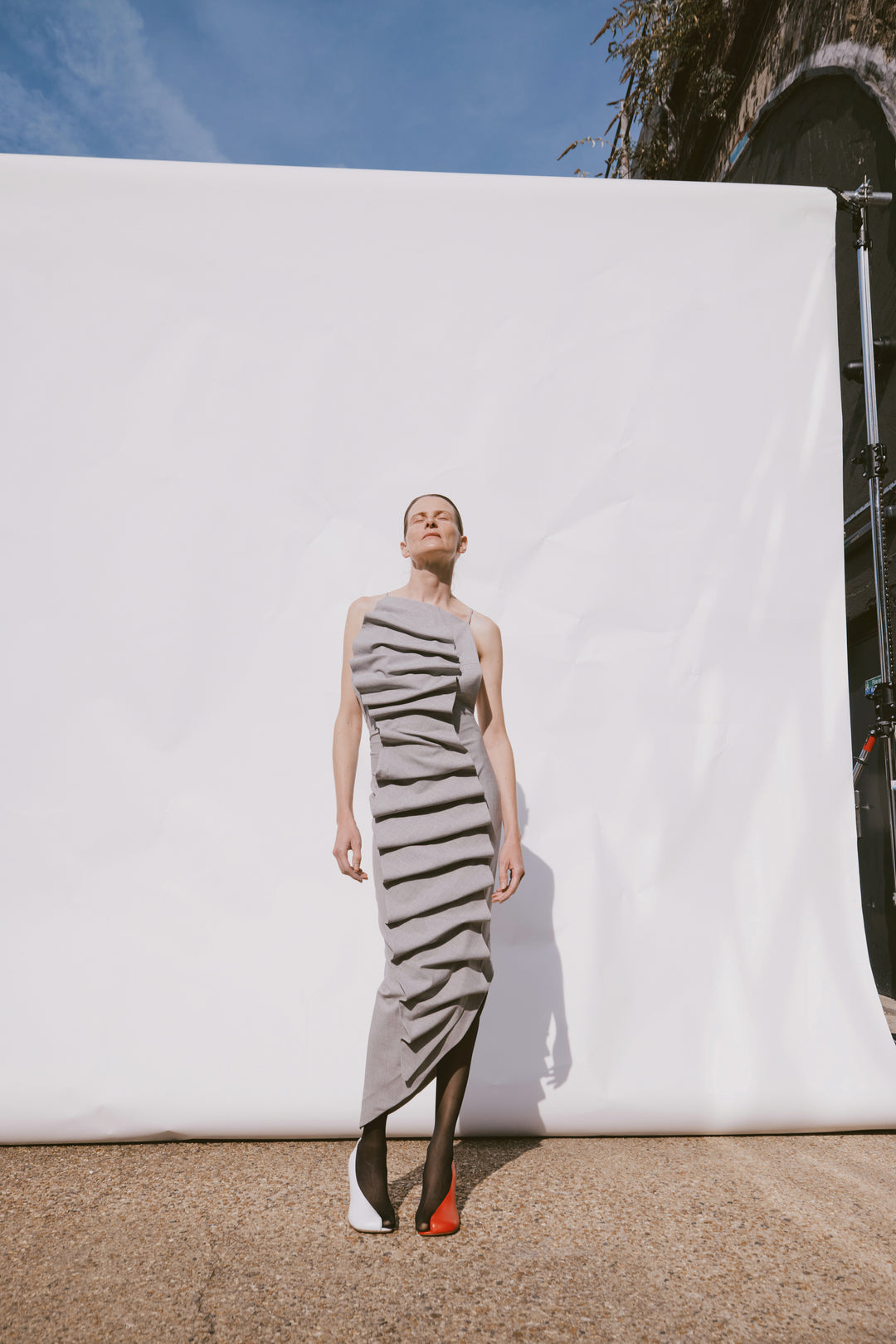 Bib-Front Structured Dress With Open Back Light Grey Melange