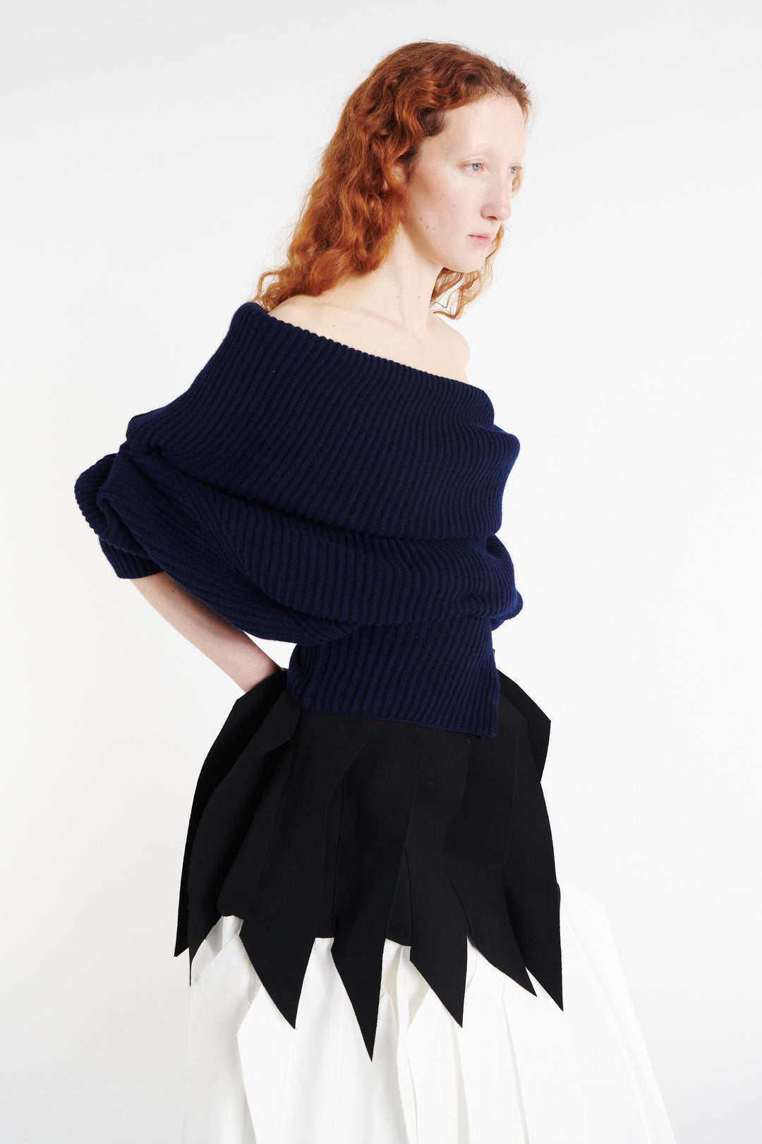 Off Shoulder Ribbed Sweater Navy
