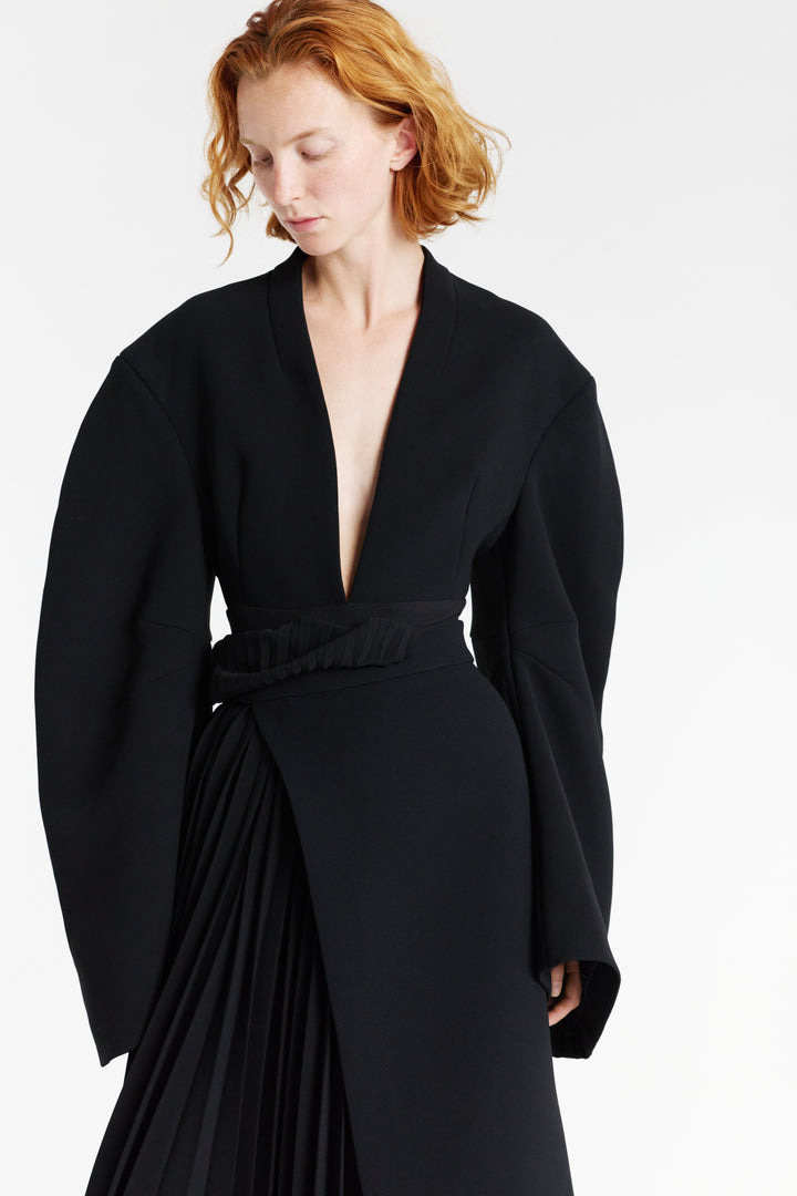 Rounded Sleeve Deep V-Neck Bodysuit Black