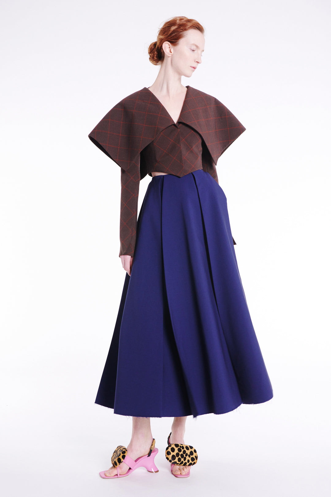 Cropped Jacket With Collar Brown Check