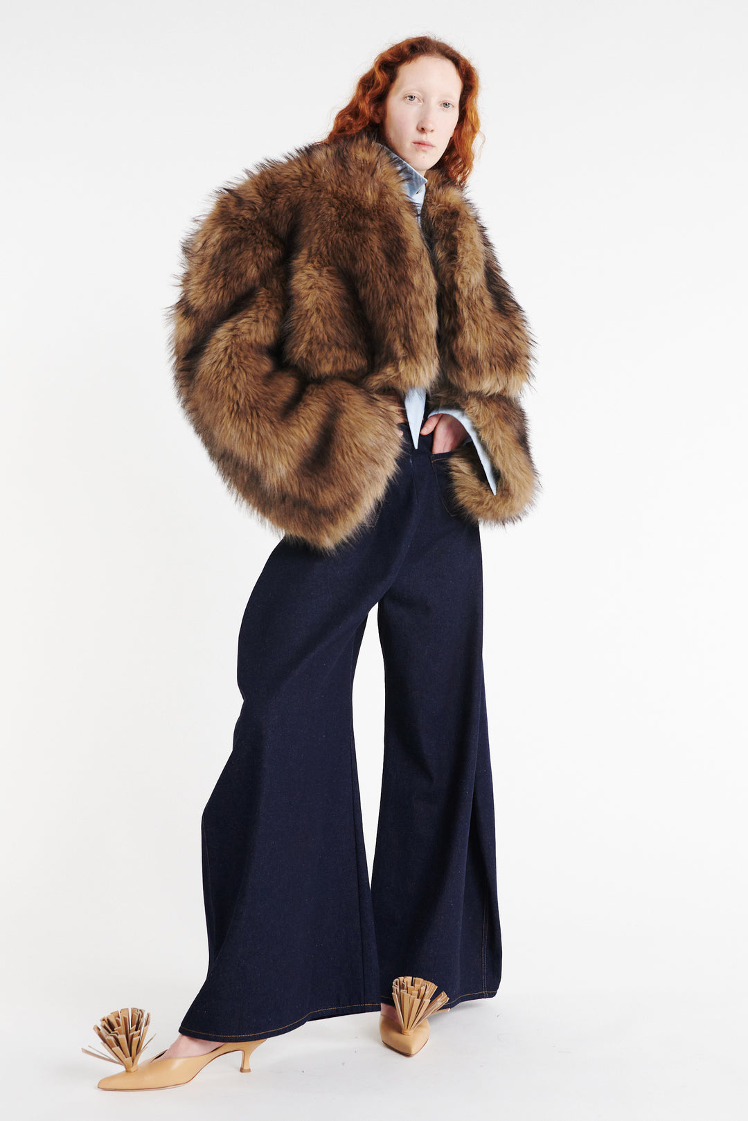 Rounded Sleeve Cropped Faux Fur Jacket Brown