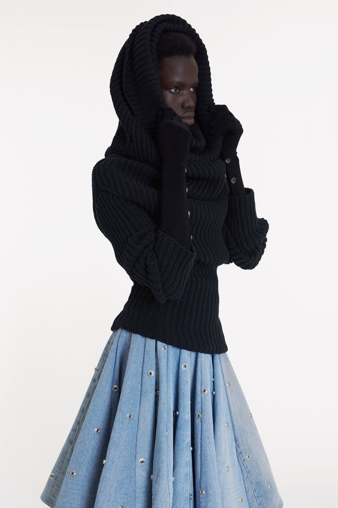 Knit Snood Top With Gloves Black