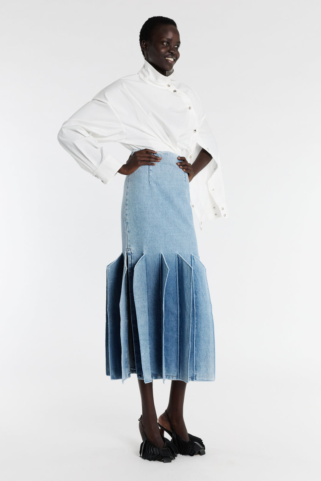 Denim Skirt With Panel Detail Mid Blue