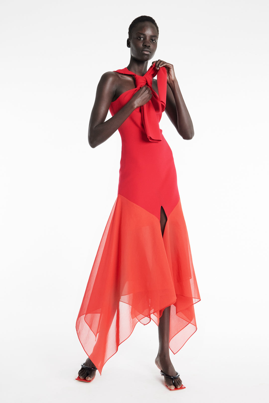 Knit Dress With Organza Inserts Red