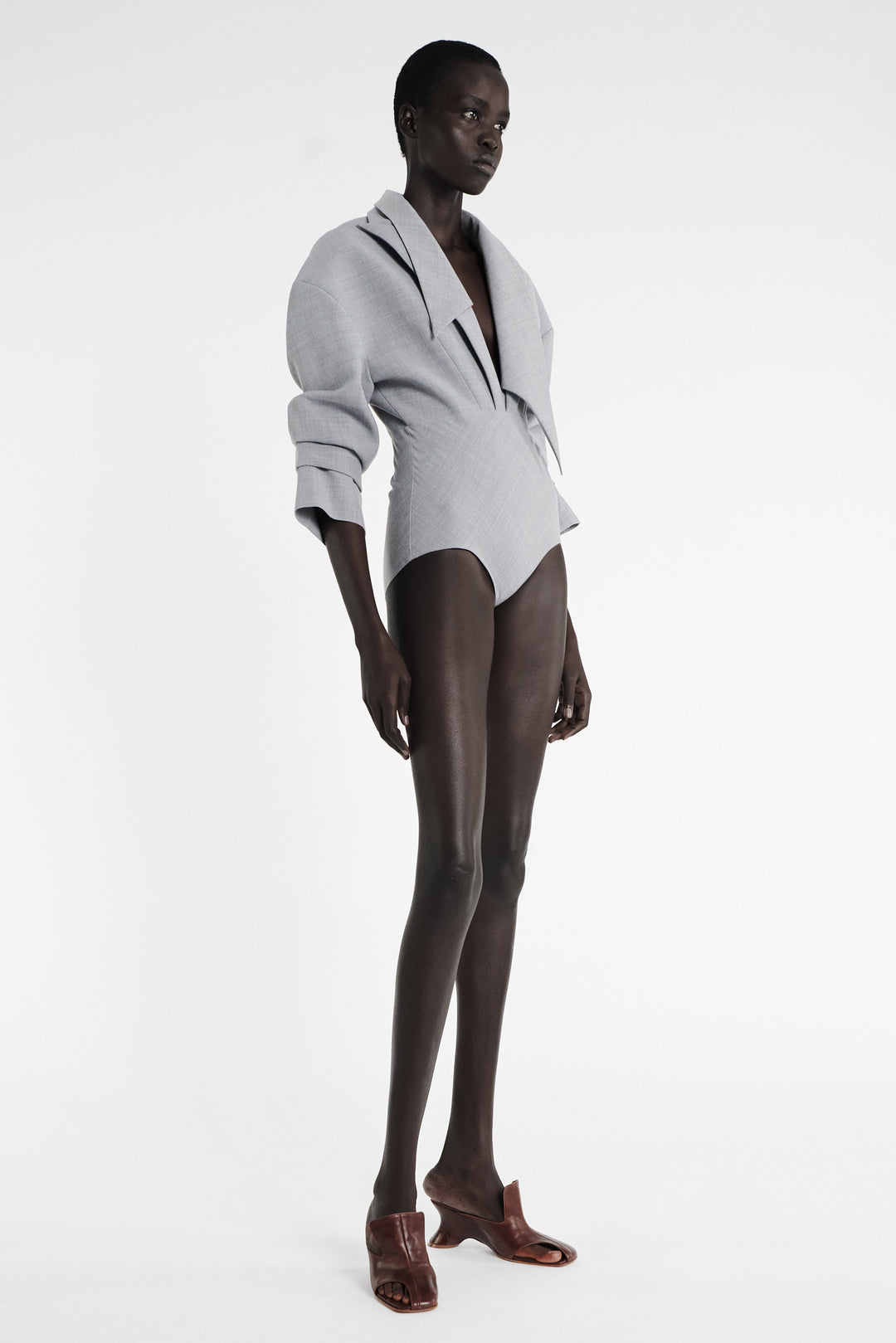 Tailored Bodysuit With Shirt Collar Insert Grey Melange