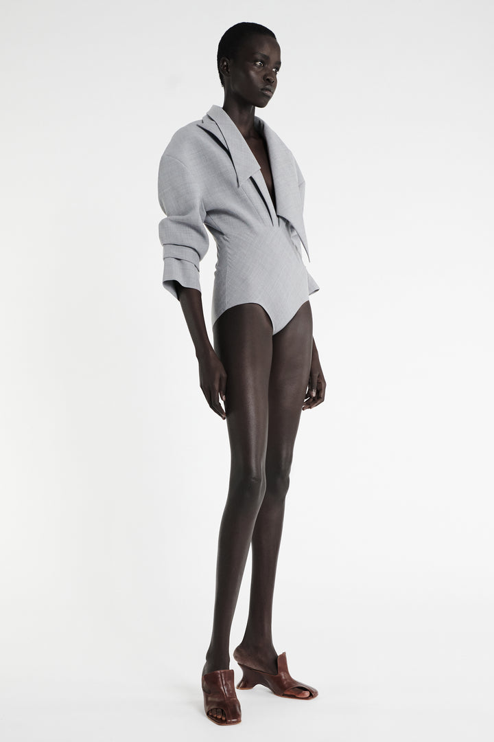 Tailored Bodysuit With Shirt Collar Insert Grey Melange