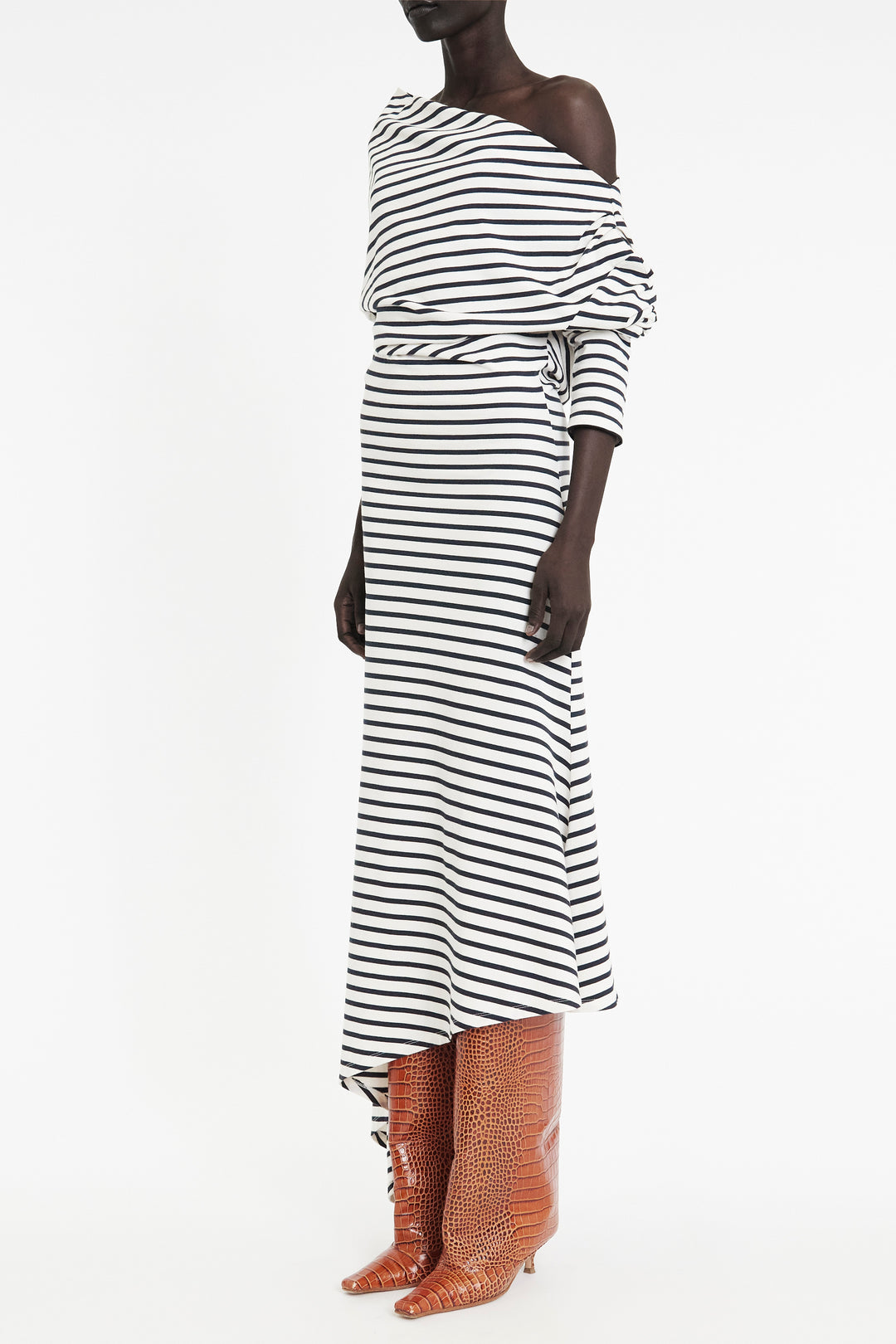 Off Shoulder Asymmetric Dress White Navy Stripe