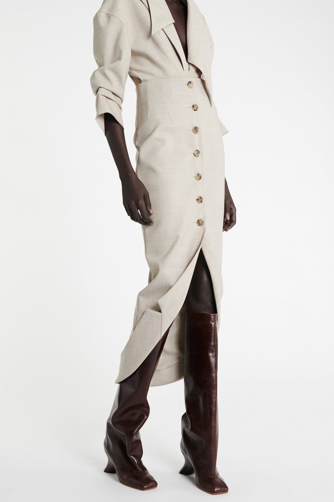 Tailored Skirt With Jacket Collar At Hem Beige Melange