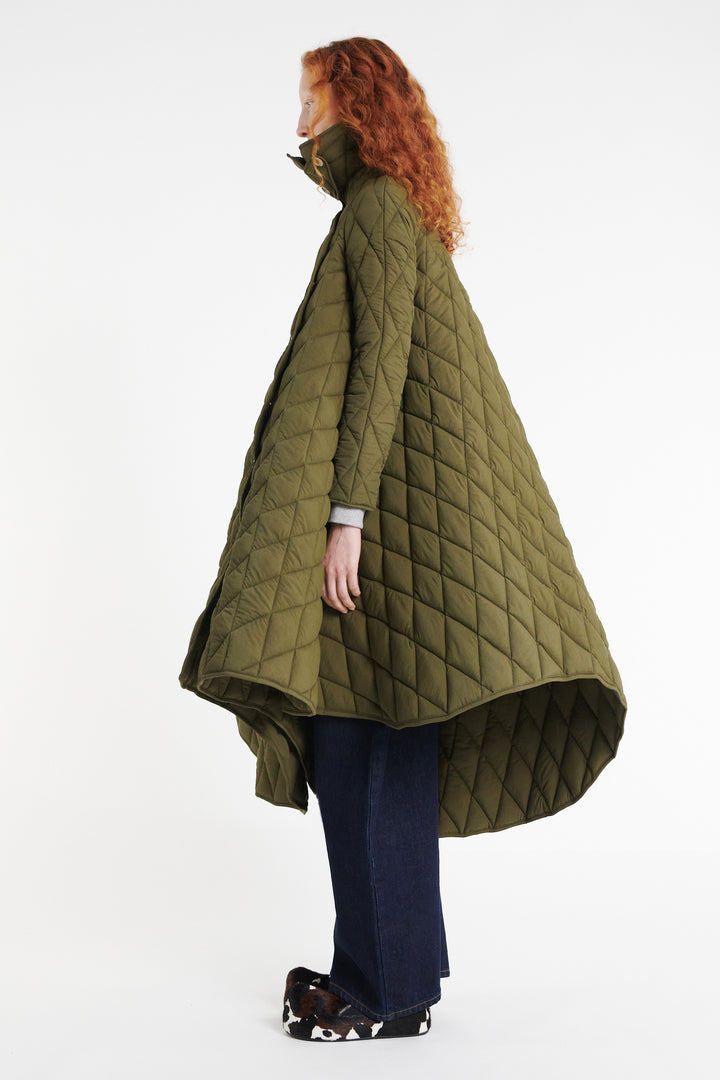 Long Quilted Trench Dark Khaki Green