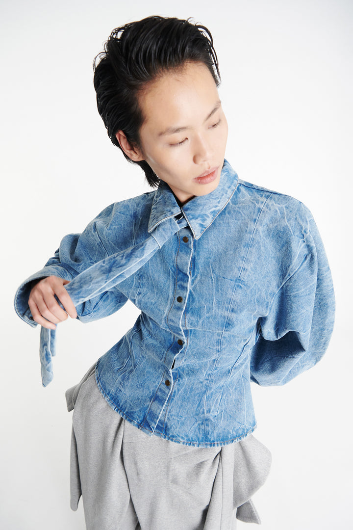 Acid Wash Denim Puff Sleeve Shirt Indigo Acid Wash