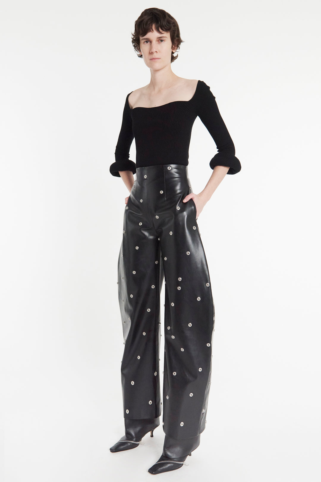 Faux Leather Stud Trouser With Snap-On Pockets Black