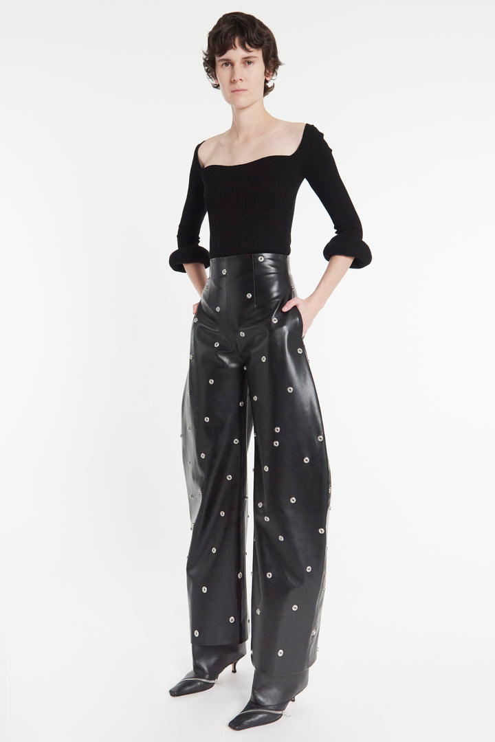 Faux Leather Stud Trouser With Snap-On Pockets Black