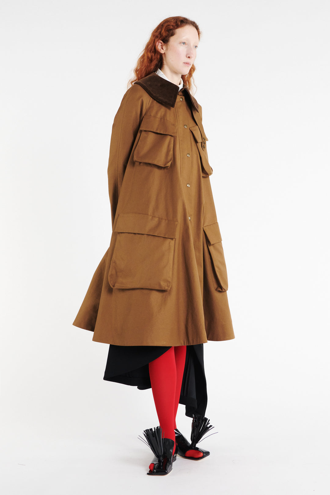 Long Flared Trench With Pockets Khaki Brown